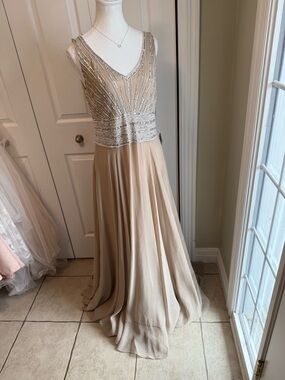 J Kara Beaded V-Neck Champagne/Taupe Evening Gown
